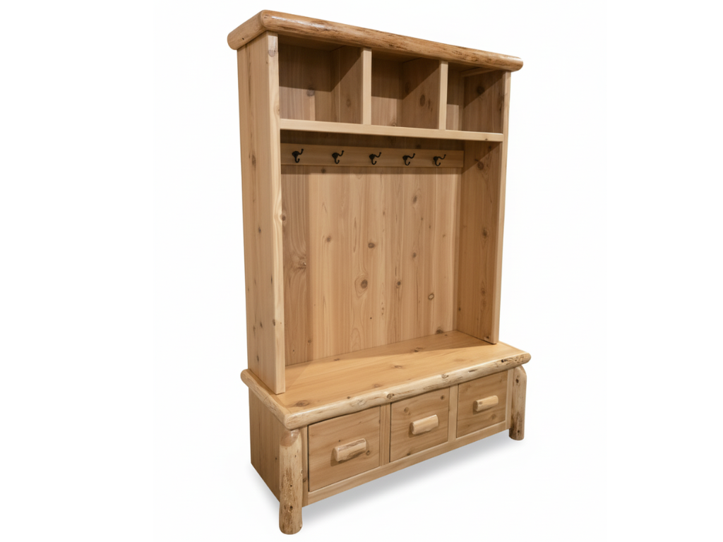 Wooden hall tree with storage drawers and hooks on a white background