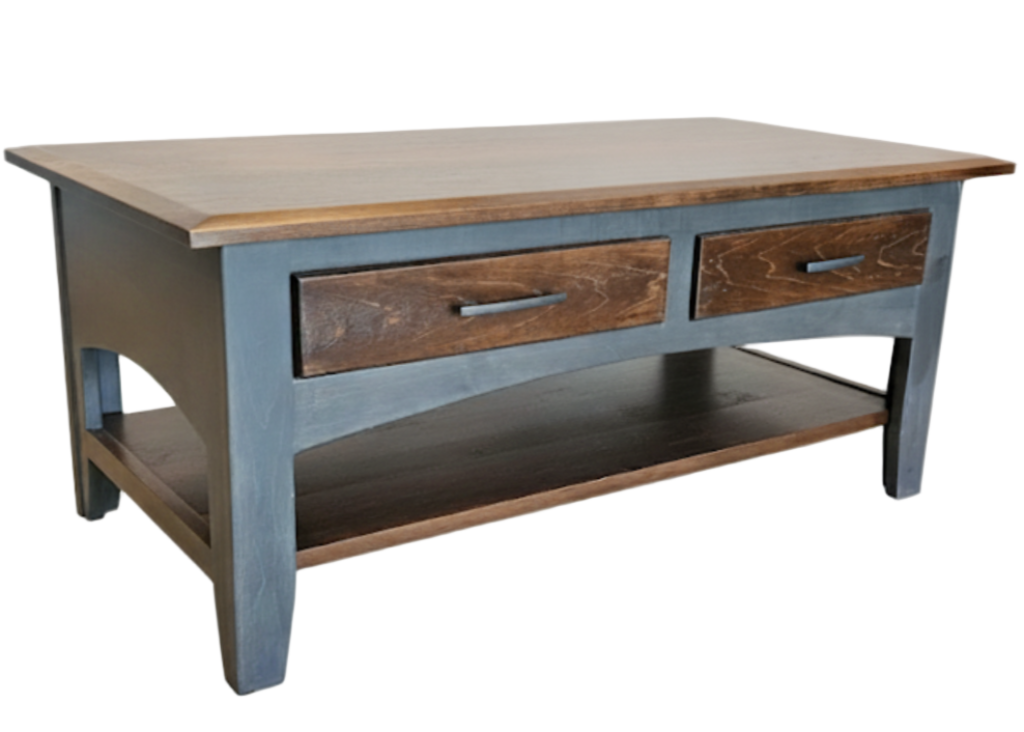 Wooden coffee table with two drawers on a white background
