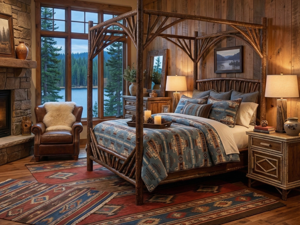 Wooden bed in a rustic bedroom with large windows, fireplace, and furniture.