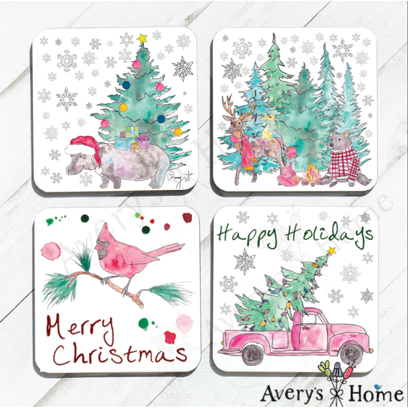 Christmas Truck & Animals Absorbent Stone Coasters Set of 12