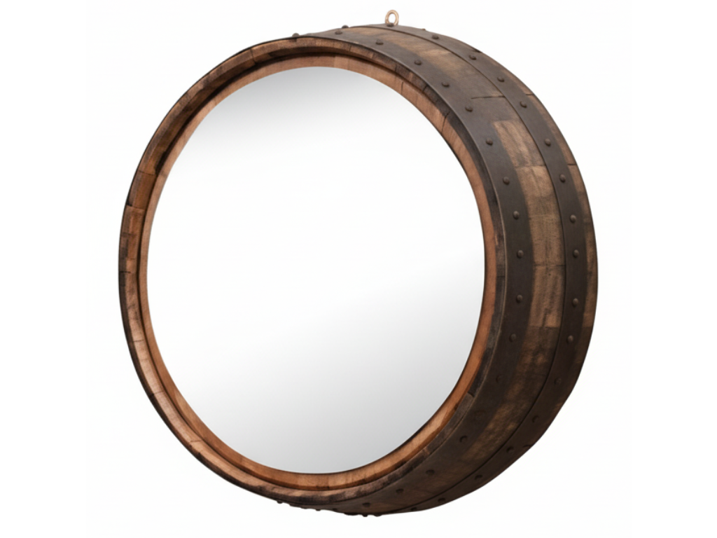 Round Rustic Barrel Wood Mirror Retreat Home Furniture