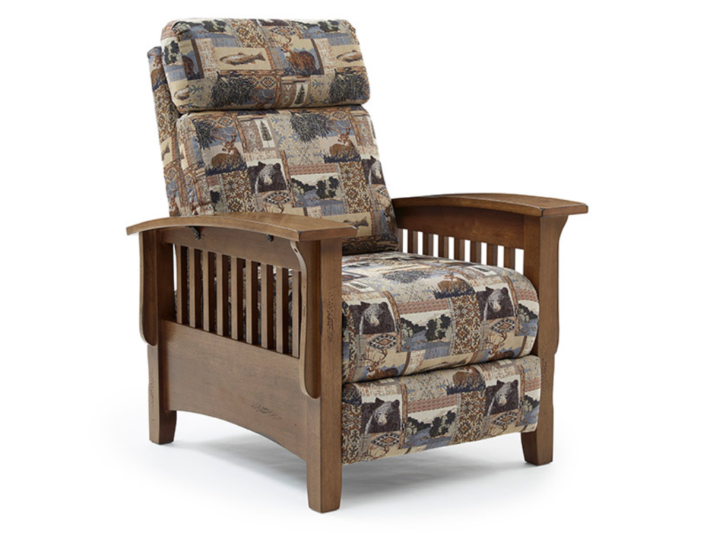 Patterned recliner chair with wooden frame on a white background