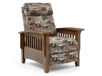 Patterned recliner chair with wooden frame on a white background