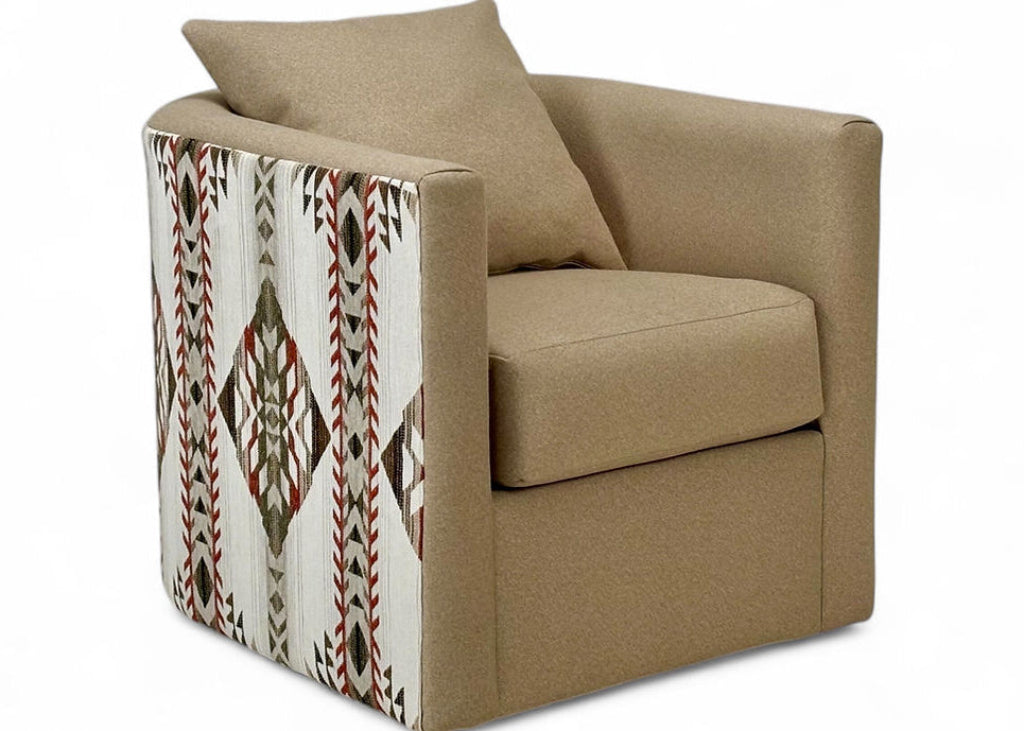 Beige armchair with a patterned throw blanket on a white background