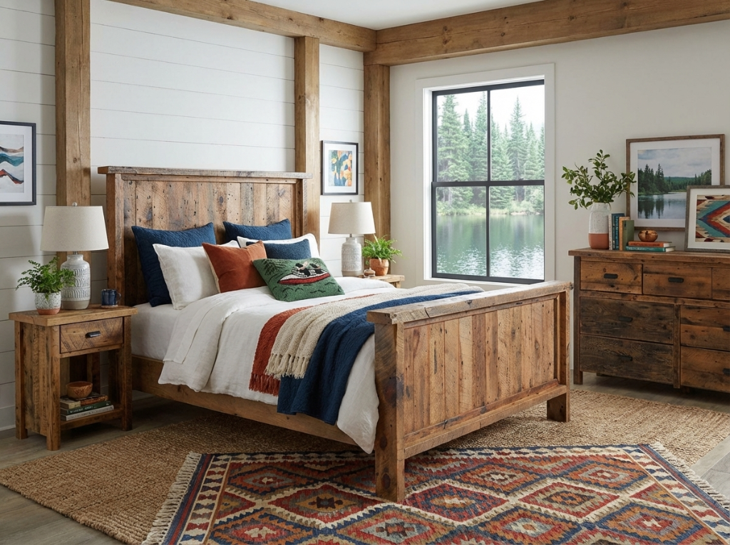 Bedroom with wooden bed and furniture, large window, and decorative elements.