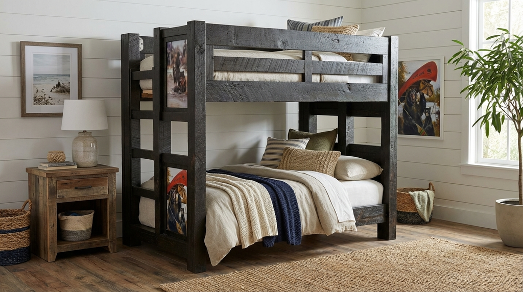 Bunk bed in a room with wooden floor and white walls, featuring a lamp and decorative items.