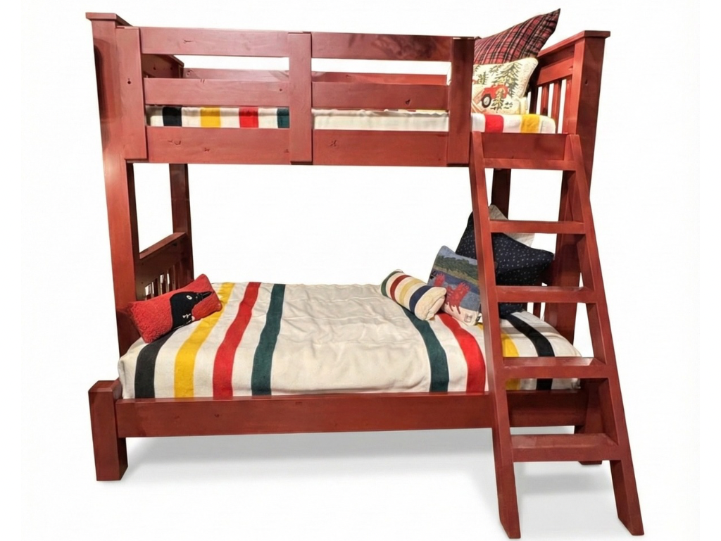 Wooden bunk bed with colorful bedding on a white background