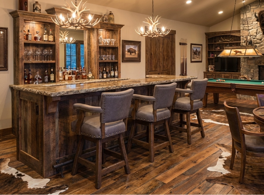 Wooden bar with stools in a rustic-style room with stone walls and framed pictures.