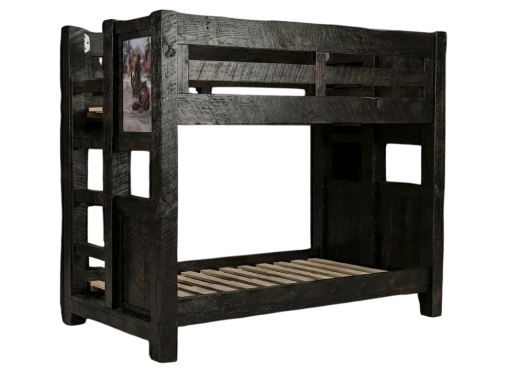 Black wooden bunk bed on a white background