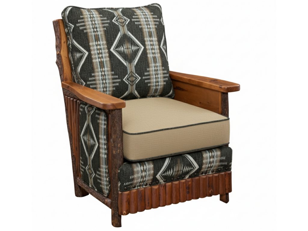 Wooden armchair with patterned cushion and beige seat on a white background