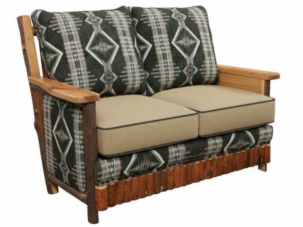Wooden loveseat with patterned cushions on a white background