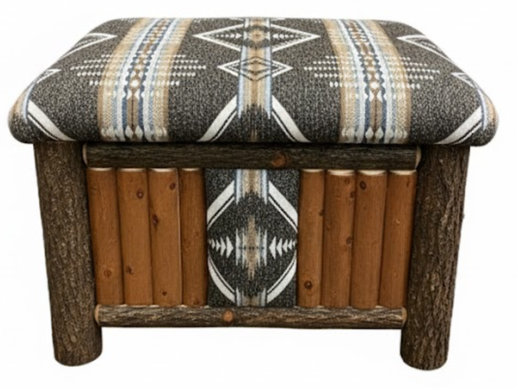 Wooden ottoman with patterned cushion on a white background