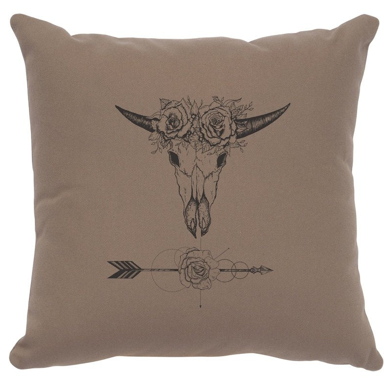 "Bull and Flowers" Image Pillow - Cotton Taupe