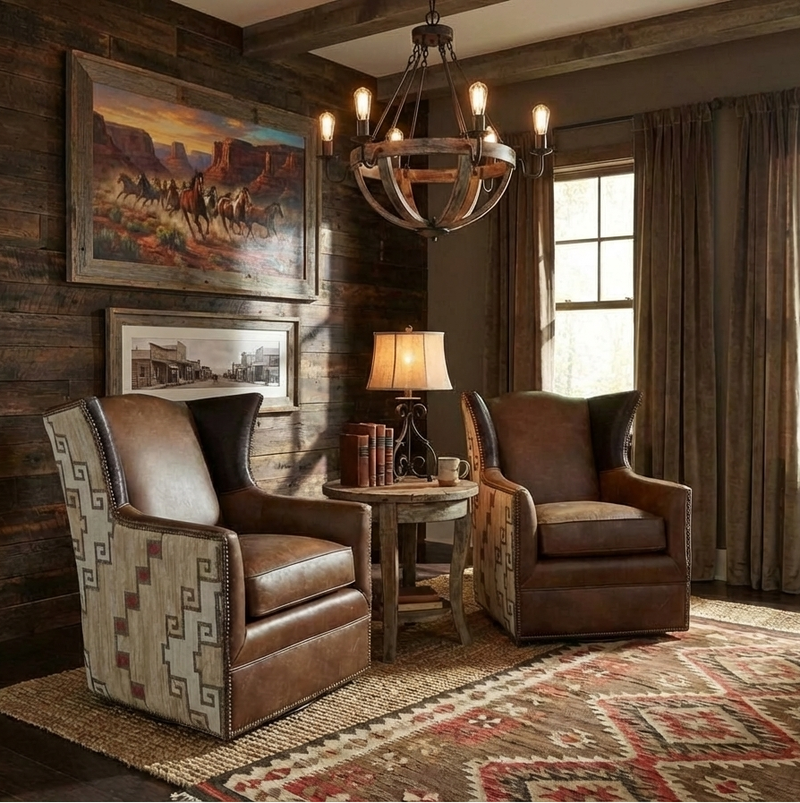 Cozy living room with rustic decor, including leather chairs, a chandelier, and framed artwork.
