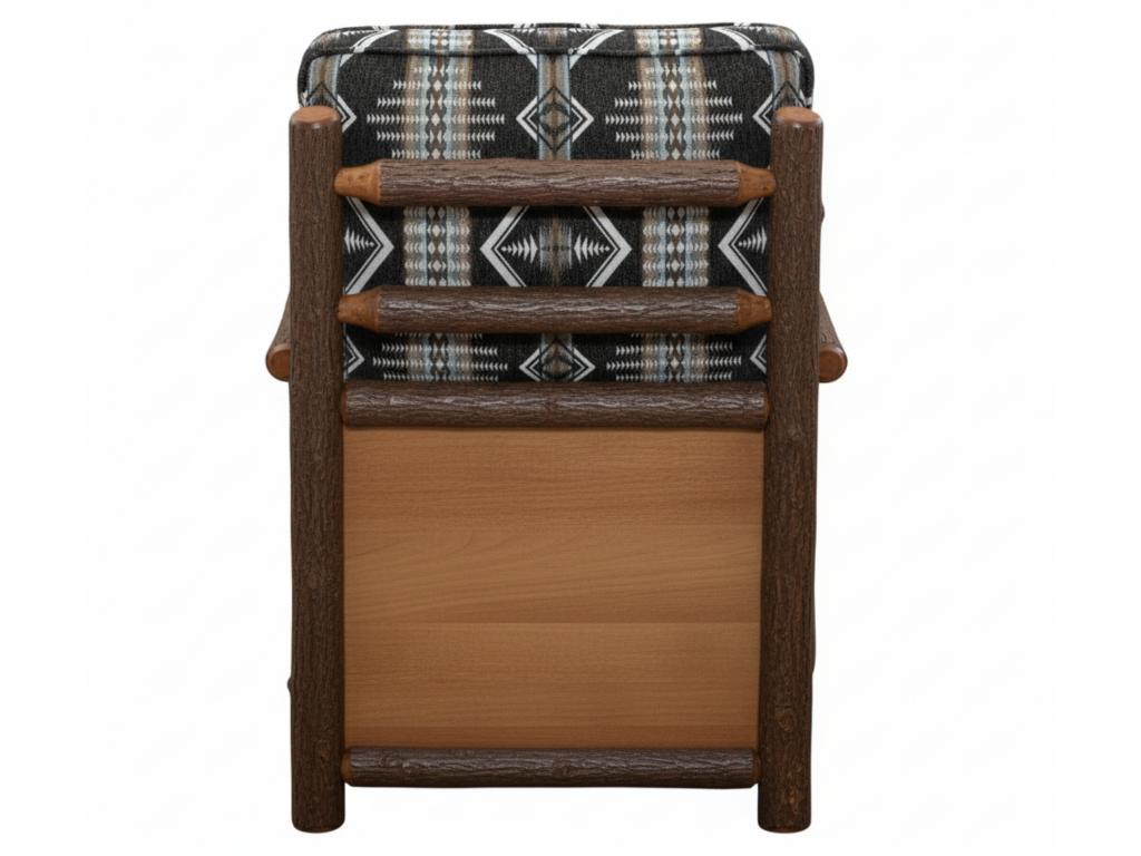 Wooden chair with patterned cushion on a white background