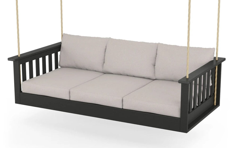 Black-framed swing with gray cushions on a white background