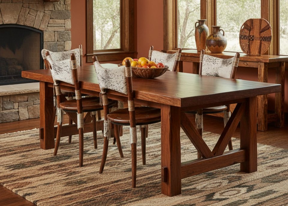 Dining room with wooden table and chairs, stone fireplace, and large windows.