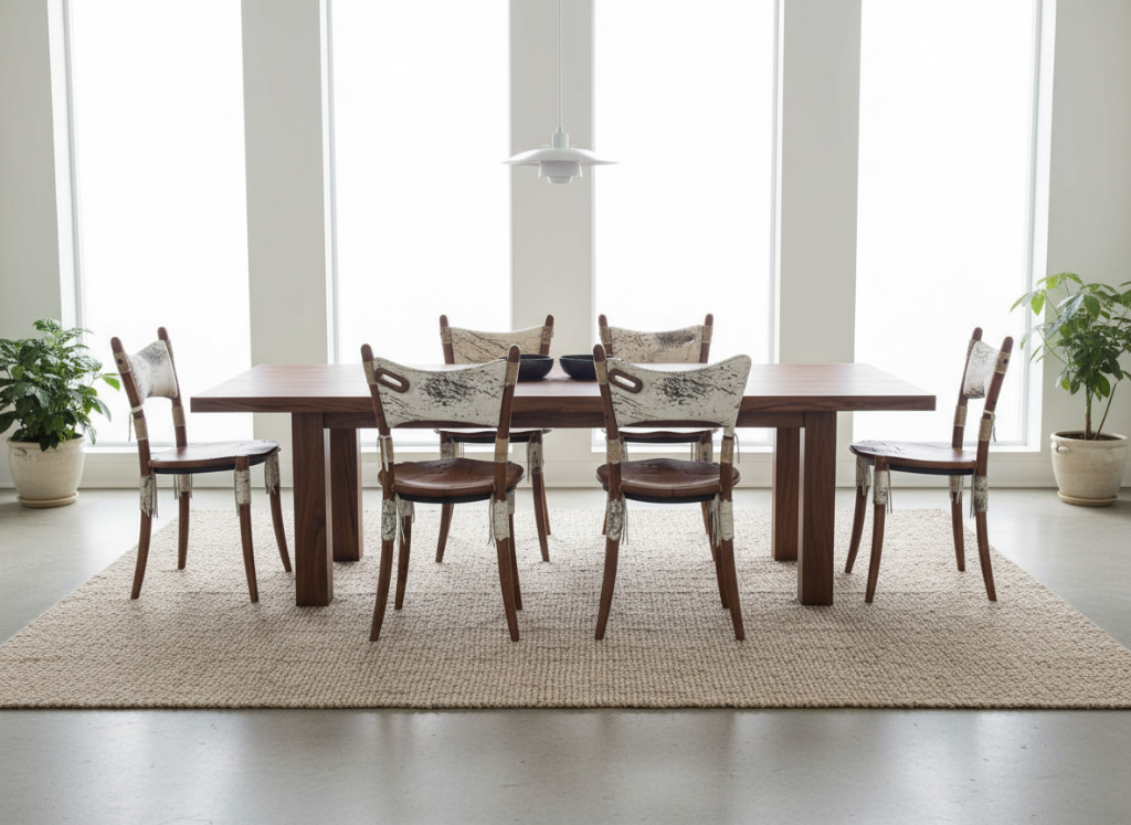 Dining room with a wooden table and chairs in a bright room with large windows.
