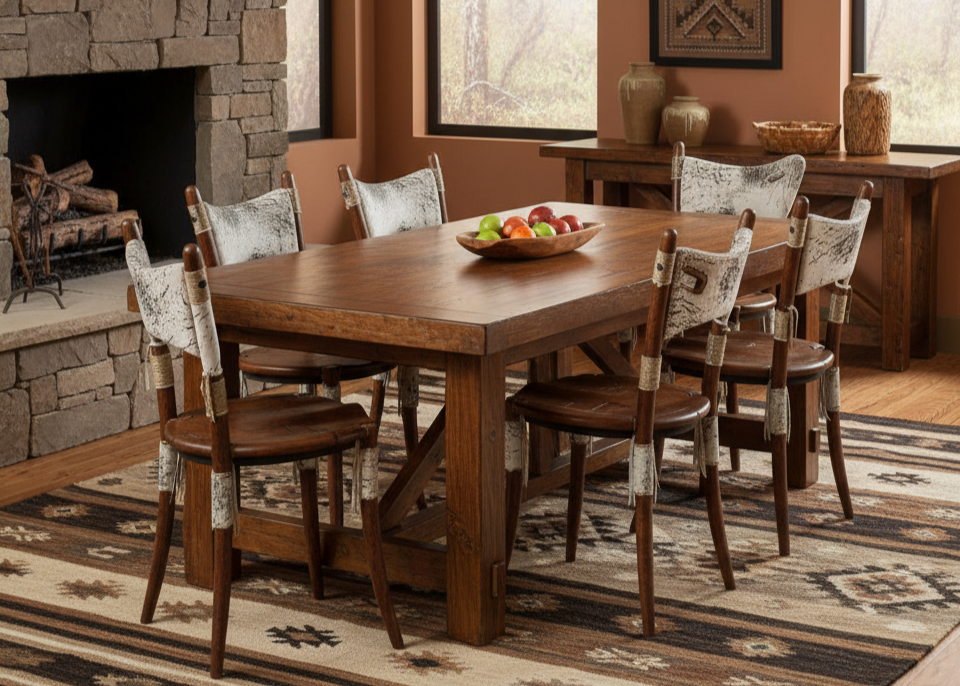 Dining room with wooden table and chairs in a warm-toned room.