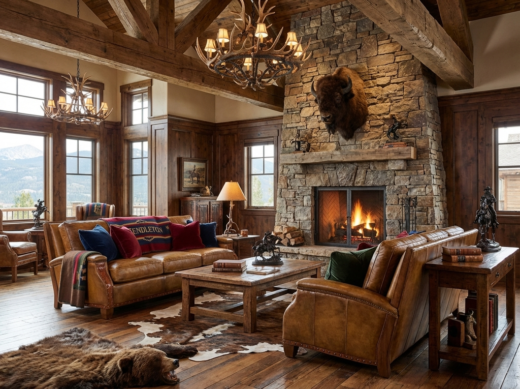Cozy living room with stone fireplace, wooden furniture, and large windows.