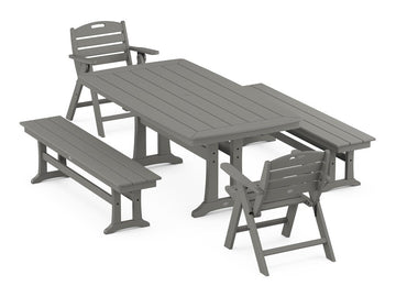 Nautical Folding Lowback Chair 5-Piece Dining Set with Trestle Legs and Benches Photo