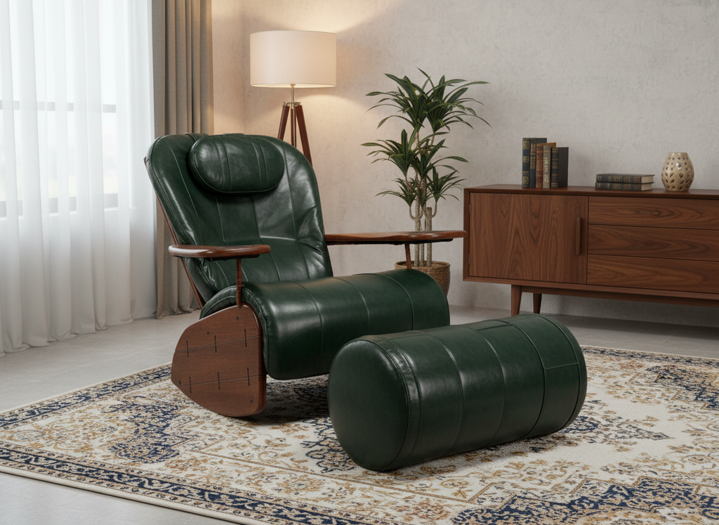 Green leather armchair and ottoman in a living room setting with a wooden sideboard and lamp.