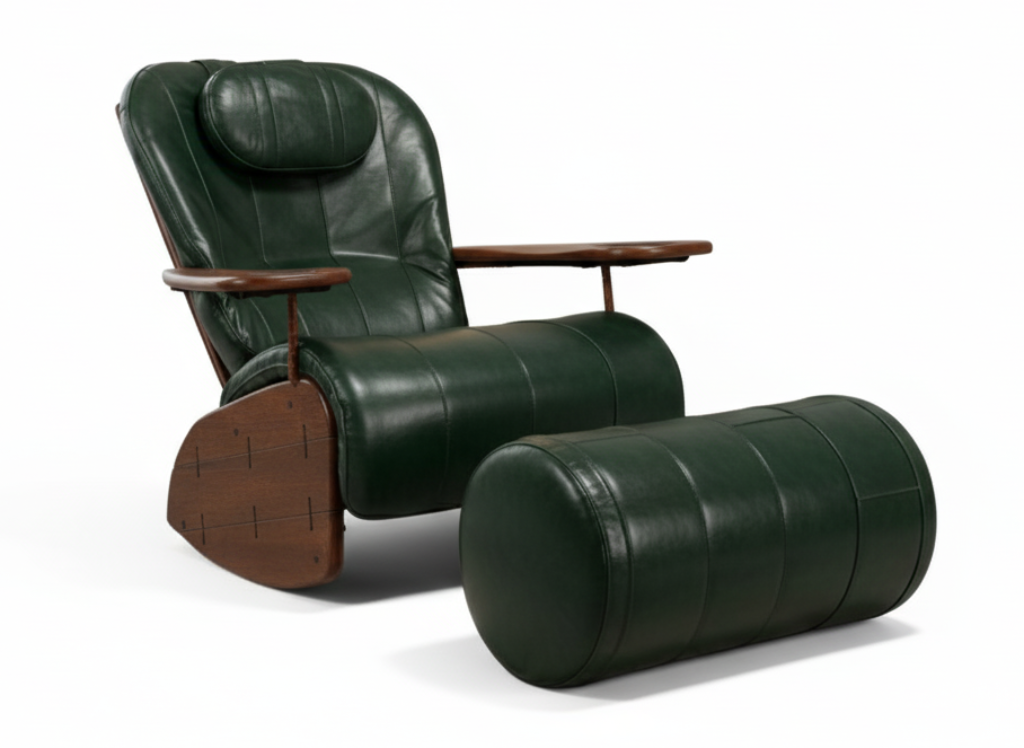 Green leather recliner chair with wooden armrests on a white background