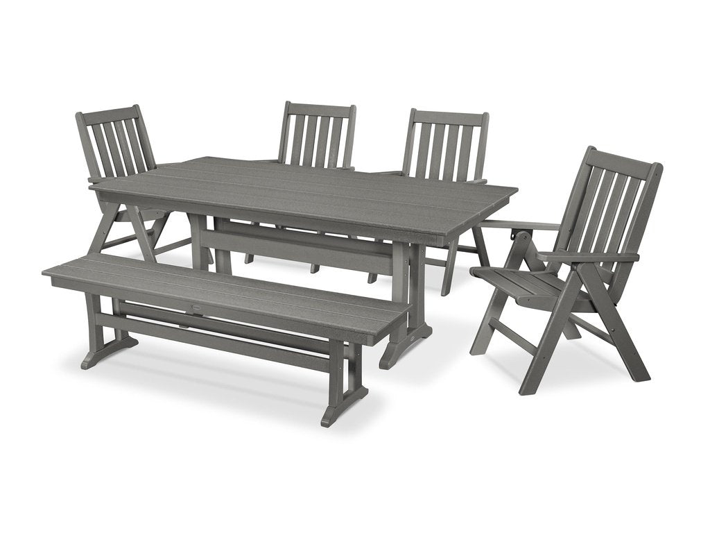 Vineyard 6-Piece Folding Chair Farmhouse Dining Set with Trestle Legs and Bench Photo