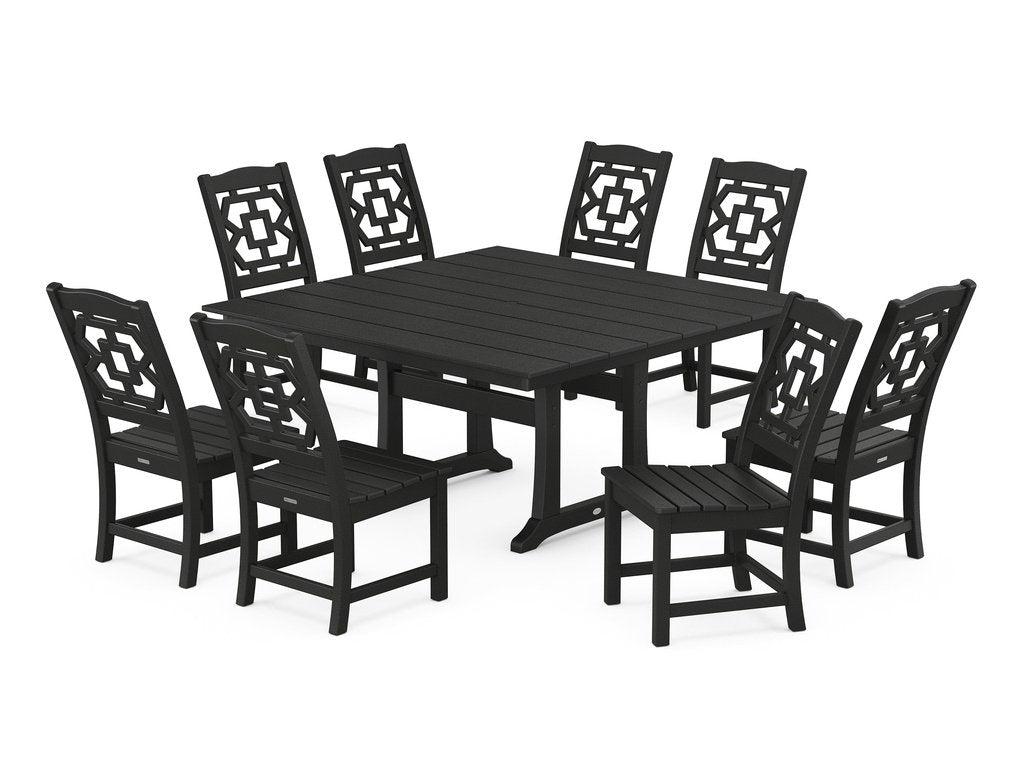 Chinoiserie 9-Piece Square Farmhouse Side Chair Dining Set with Trestle Legs Photo