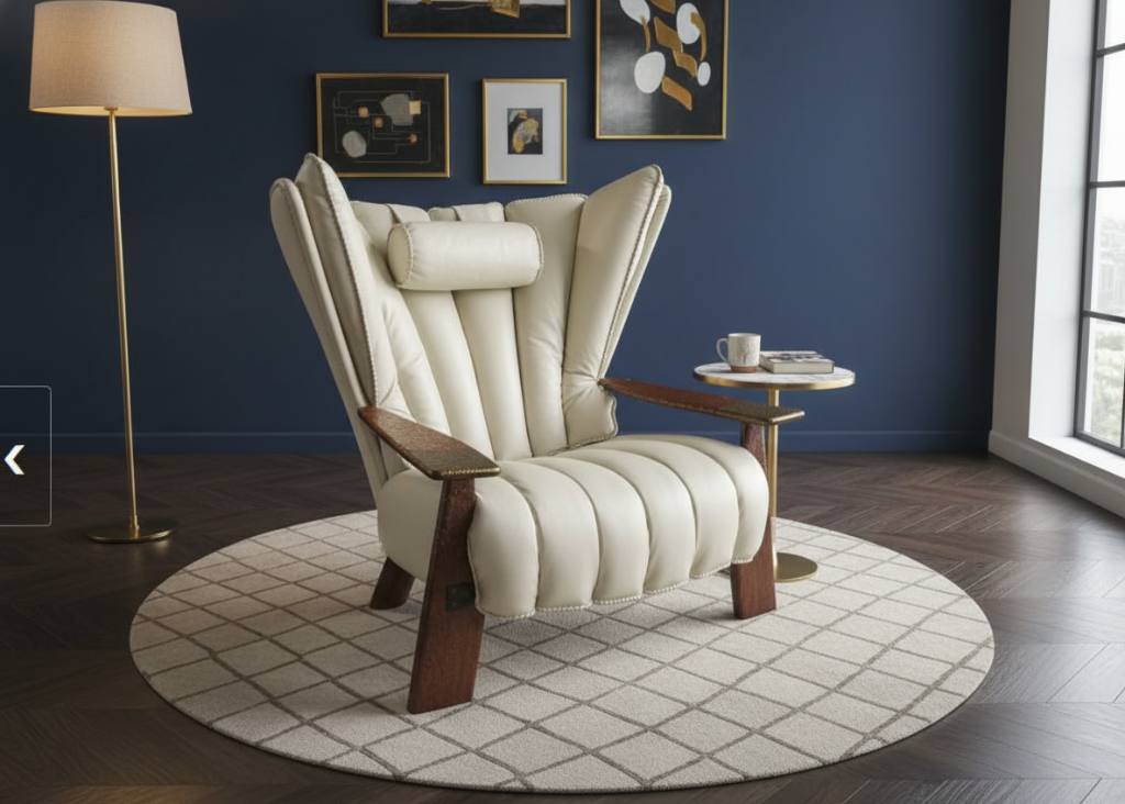 White armchair with wooden armrests in a room with blue walls and a lamp.