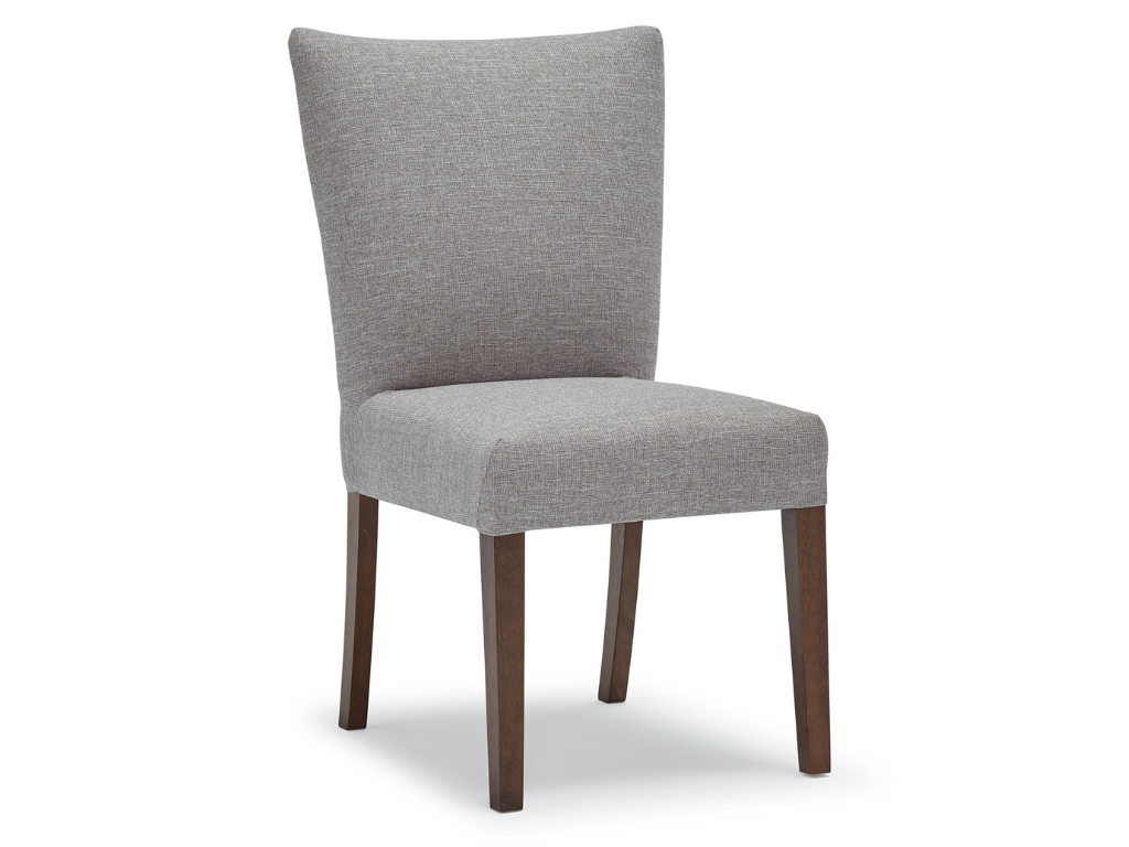 Gray upholstered chair with wooden legs on a white background