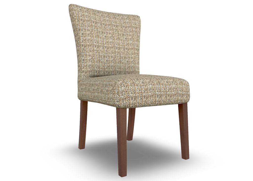 Beige upholstered chair with wooden legs on a white background