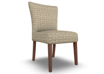 Beige upholstered chair with wooden legs on a white background