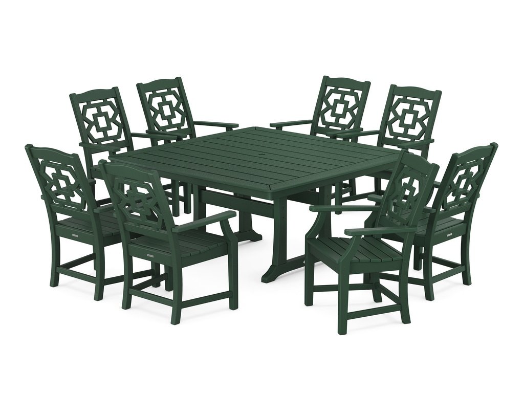 Chinoiserie 9-Piece Square Dining Set with Trestle Legs Photo