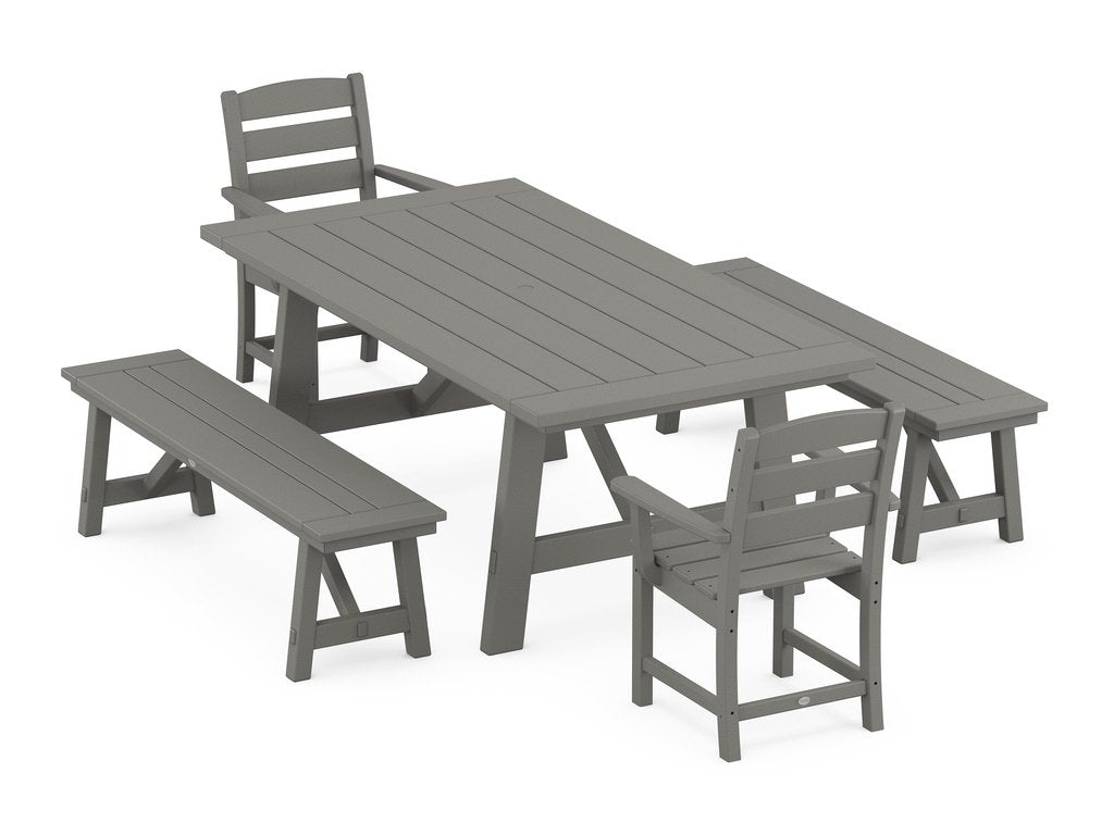 Lakeside 5-Piece Rustic Farmhouse Dining Set With Benches Photo