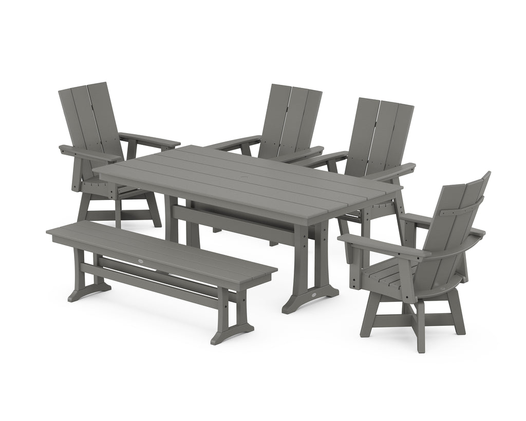 Modern Curveback Adirondack Swivel Chair 6-Piece Farmhouse Dining Set With Trestle Legs and Bench Photo