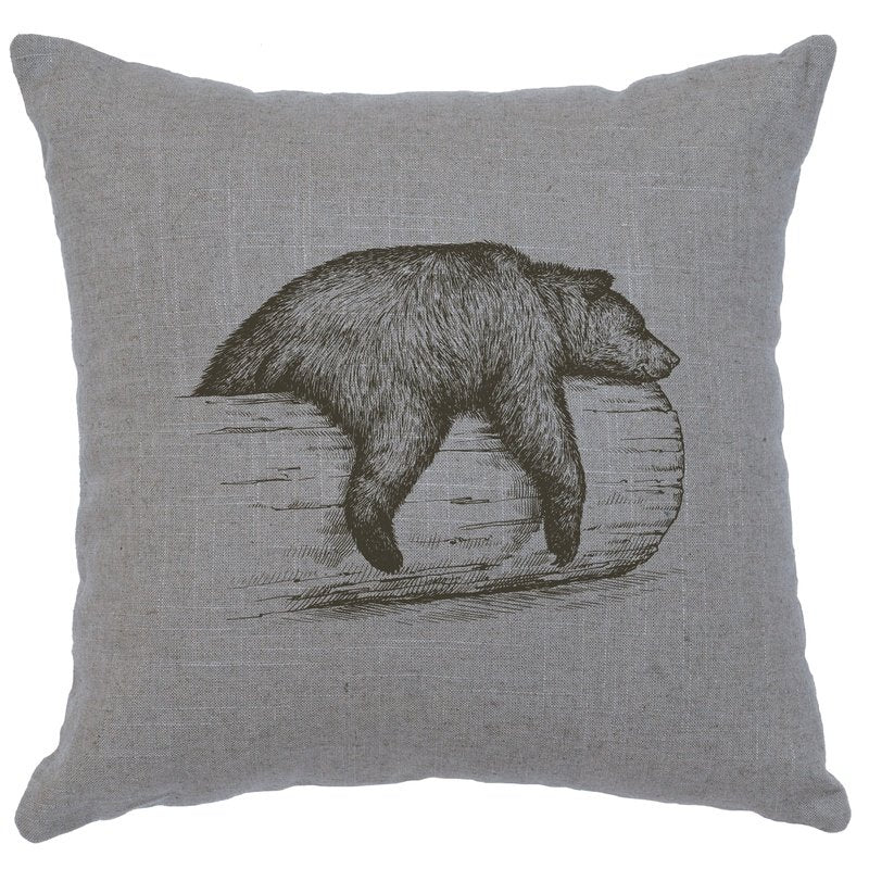 "Bear on a Log" Image Pillow - Linen Gray