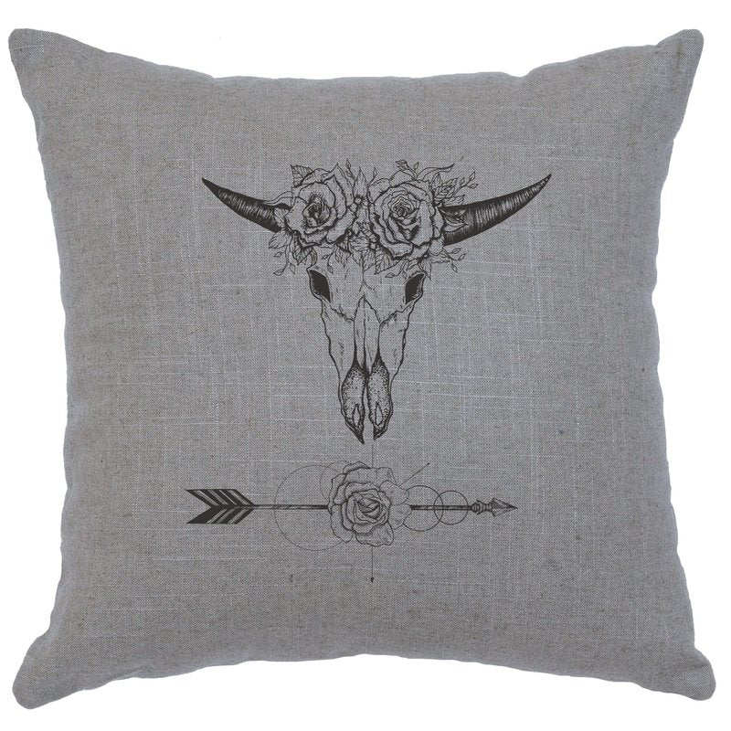 "Bull and Flowers" Image Pillow - Linen Gray