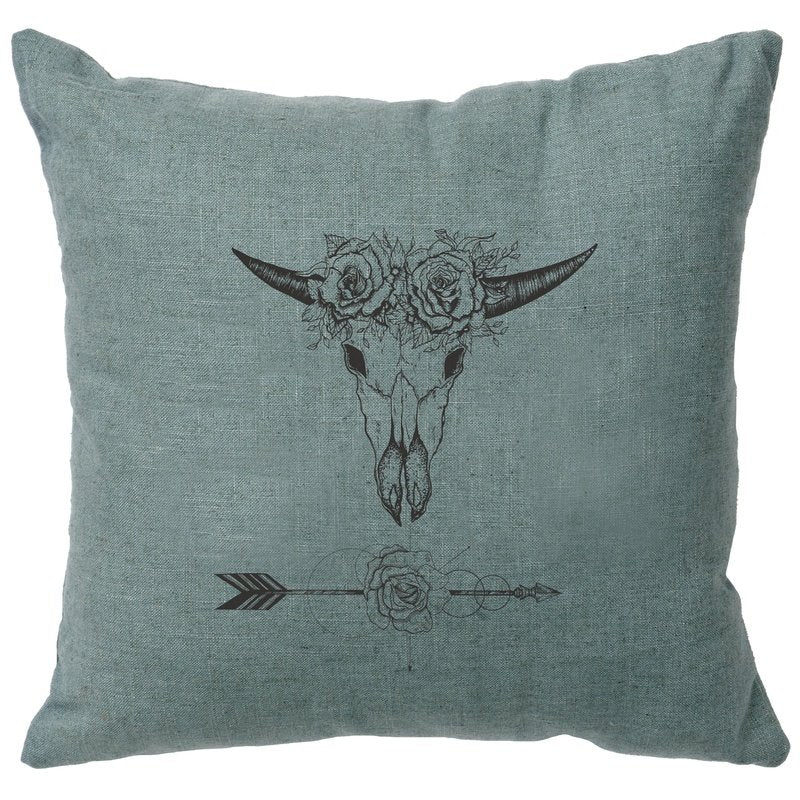 "Bull and Flowers" Image Pillow - Linen Ocean