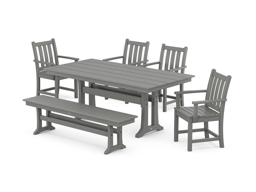 Traditional Garden Arm Chair 6-Piece Farmhouse Dining Set with Trestle Legs and Bench Photo