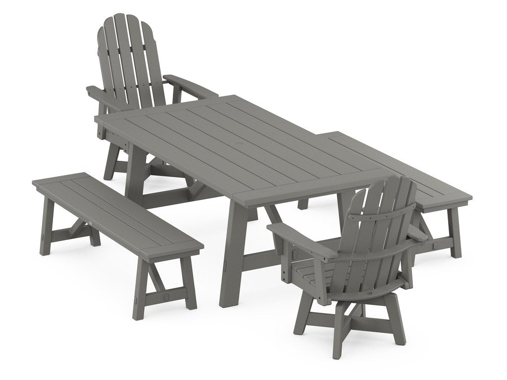 VineyardCurveback Adirondack Swivel Chair 5-Piece Rustic Farmhouse Dining Set With Benches Photo