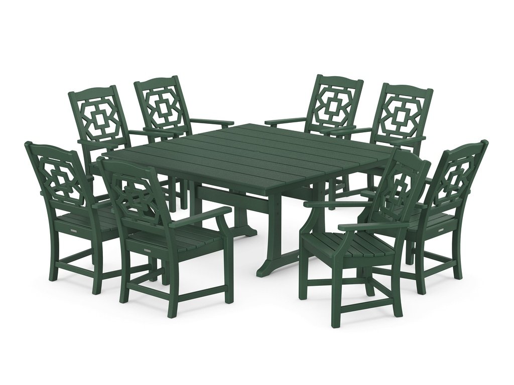 Chinoiserie 9-Piece Square Farmhouse Dining Set with Trestle Legs Photo