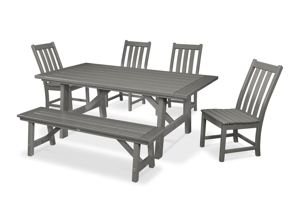 Vineyard 6-Piece Rustic Farmhouse Side Chair Dining Set with Bench Photo