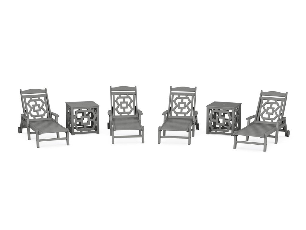 Chinoiserie 6-Piece Chaise Set with Umbrella Stand Accent Table Photo