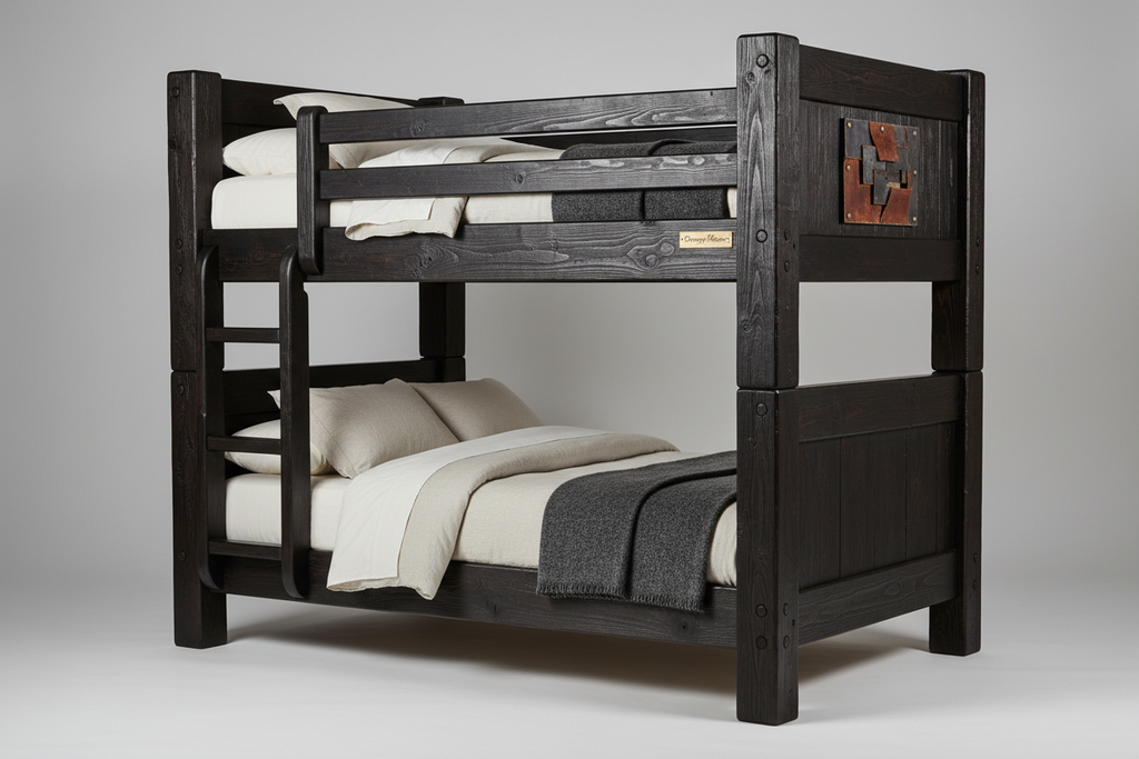 TWIN OVER TWIN ROUGH SAWN BUNK BED, STAIN COLOR EBONY.  PLACE A SMALL PIECE OF DWYER MASON ART ON THE END (THERE ARE IMAGE PANELS ON THE END UP BY TOP BUNK