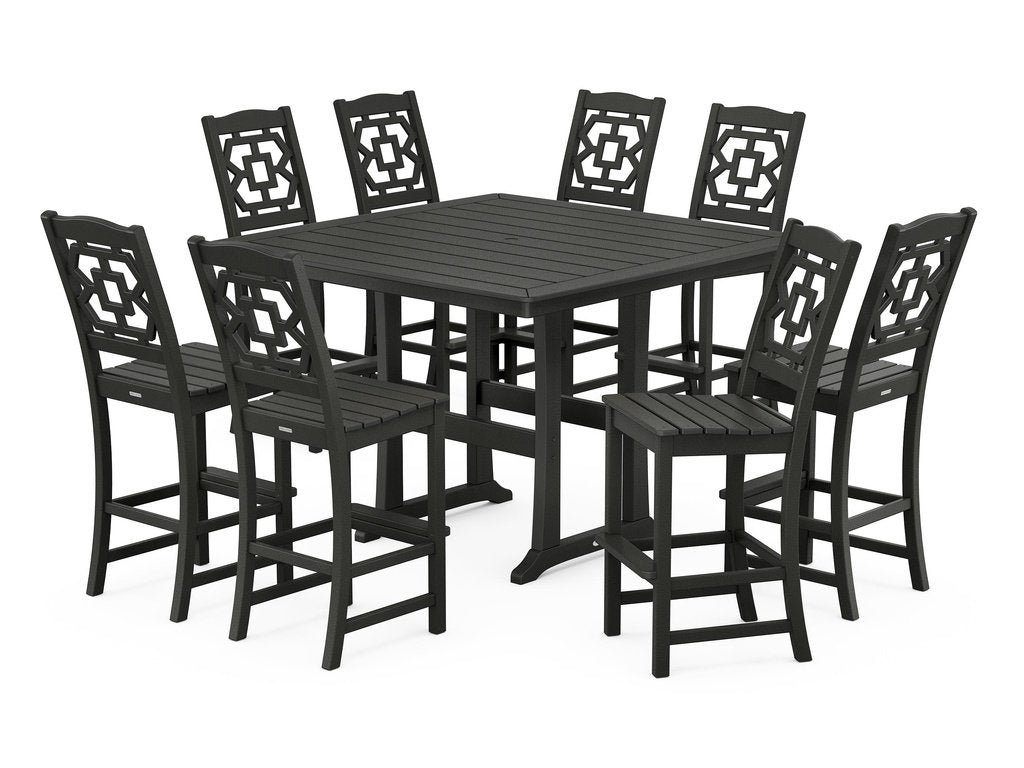 Chinoiserie 9-Piece Square Side Chair Bar Set with Trestle Legs Photo