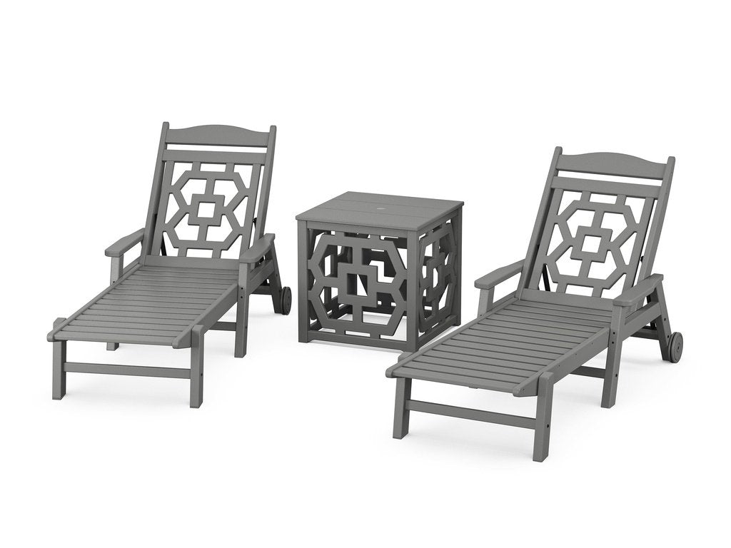 POLYWOOD Chinoiserie 3-Piece Chaise Lounge Chair Set with Umbrella Stand Accent Table in Slate Grey