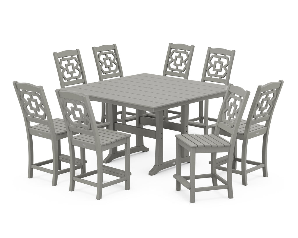 Chinoiserie 9-Piece Square Farmhouse Side Chair Counter Set with Trestle Legs Photo