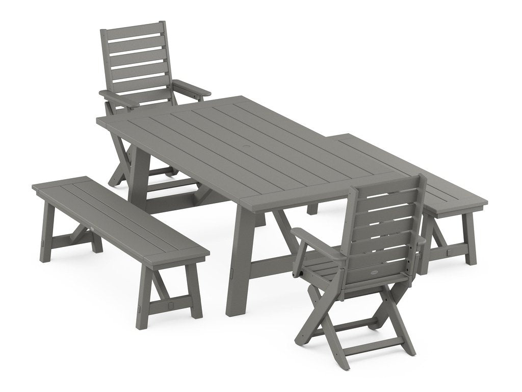 Captain Folding Chair 5-Piece Rustic Farmhouse Dining Set With Benches Photo