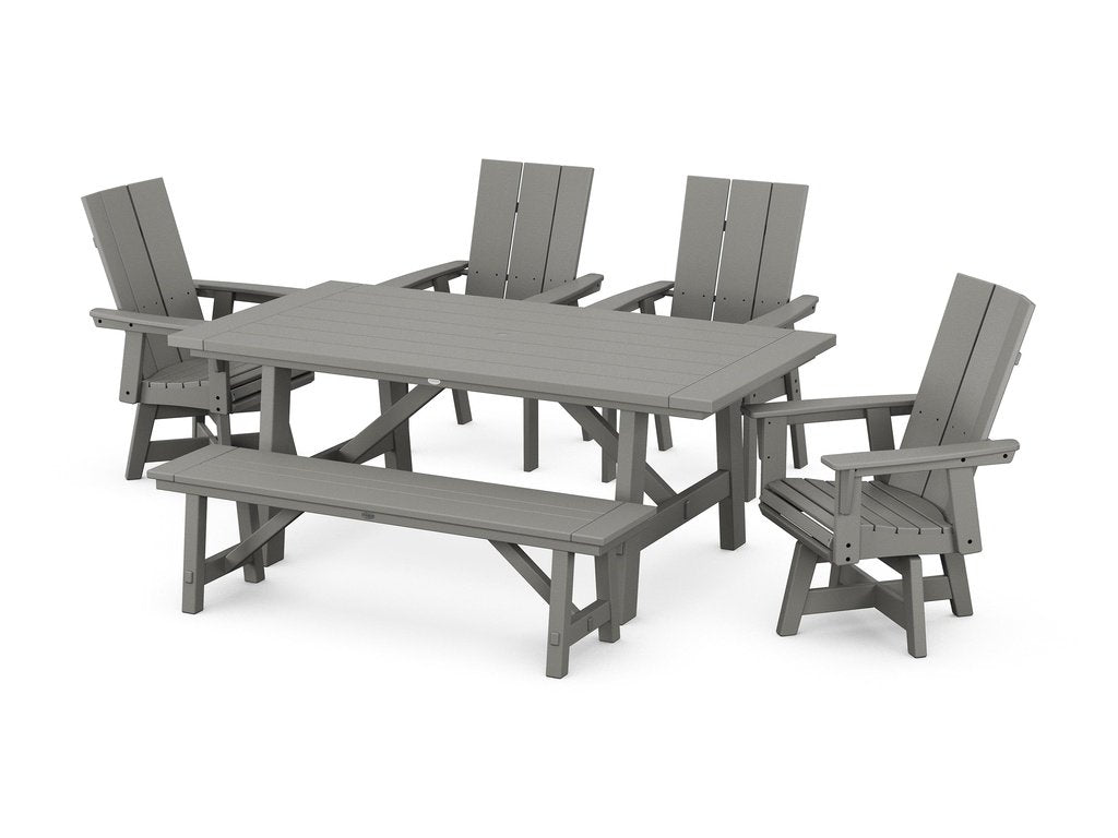 Modern Curveback Adirondack Swivel Chair 6-Piece Rustic Farmhouse Dining Set with Bench Photo